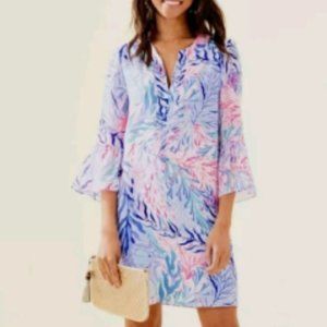 Lilly Pulitzer Eleanor Silk Dress Crew Blue Tint Kaleidoscope Coral - Size XS
